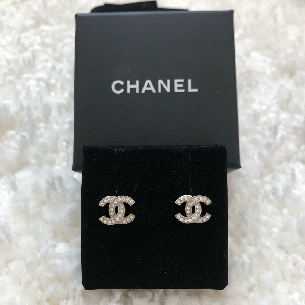 Chanel Classic CC Earrings Silver with Crystals